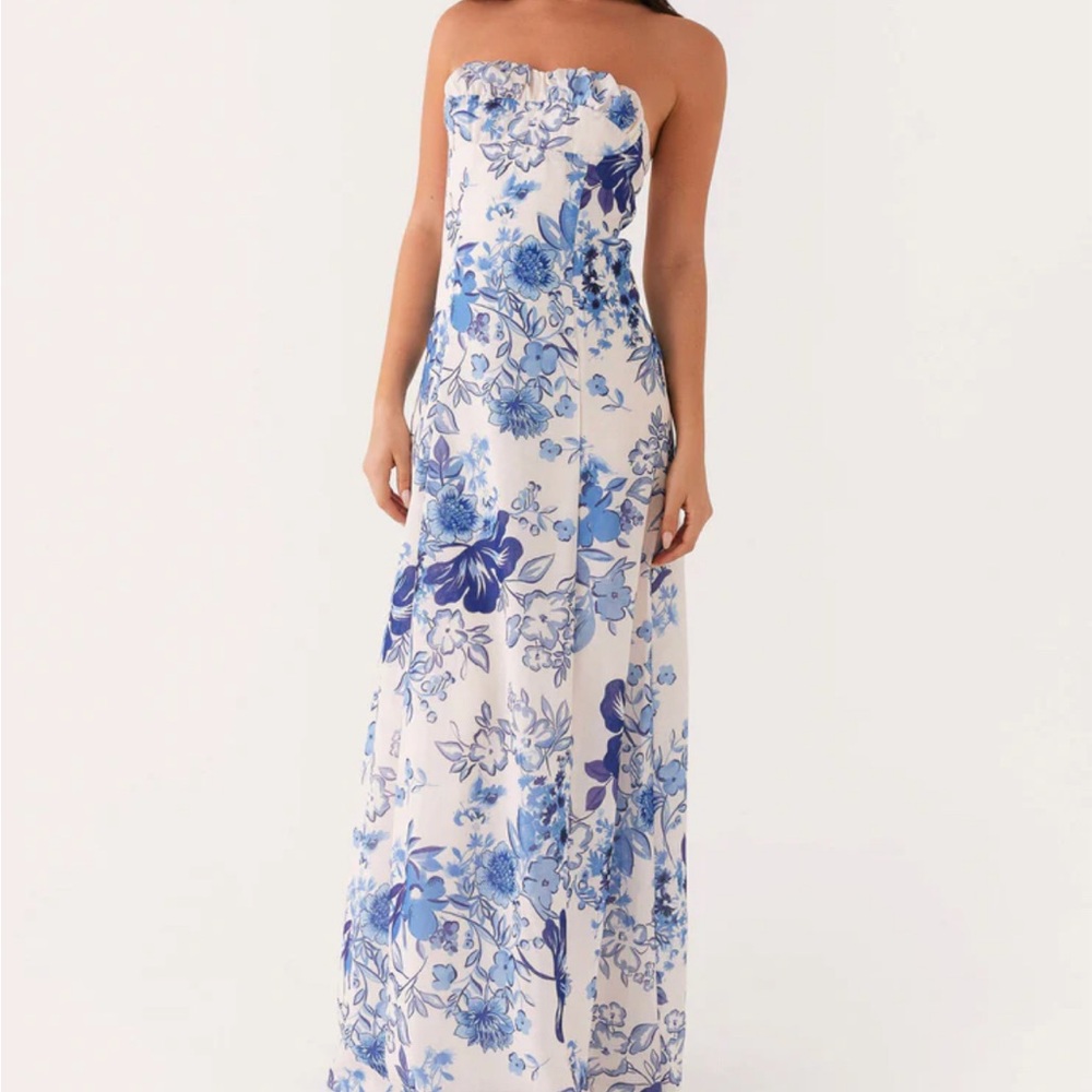 Floral Blue and White Strapless Dress